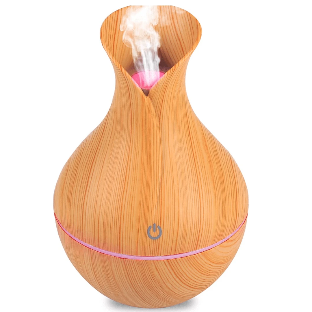 Umidificador Vaso Aromatizador Ultrassônico Tipo Madeira Usb Com Led Colorido - Bege - Visão 1