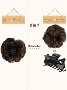 夾子捲髮器,女士用凌亂髮型,波浪捲曲蓬鬆夾子夾入假髮捲髮卡,合成髮髻夾子,夹着假发的卷曲髮髻 - 咖啡棕 - 查看 3