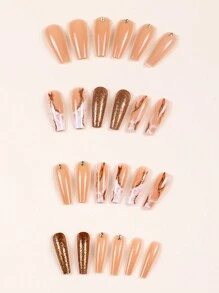 24 pièces Faux ongles ballerine longs brillants, ongles à pression de couleur nude avec imprimé marbre et strass, ongles autocollants paillettes dorées, faux ongles pleine couverture étincelants pour femmes