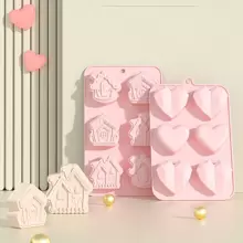1入組粉色6隔室房屋和心形矽膠蛋糕模,可愛巧克力模具適用於冰模盤 - 粉色 - 查看 1