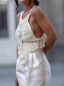 一件奢华女士珍珠装饰吊带背心，搭配优雅细肩带上衣，街头风十足，适合约会、派对、度假，也是送给女性的绝佳礼物。 - 白色 - 查看 4