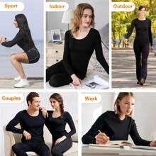 女士保暖内衣套装，长袖柔软宽松剪裁，保暖内衬上衣和裤子，寒冷天气打底 - 黑色 - 查看 5