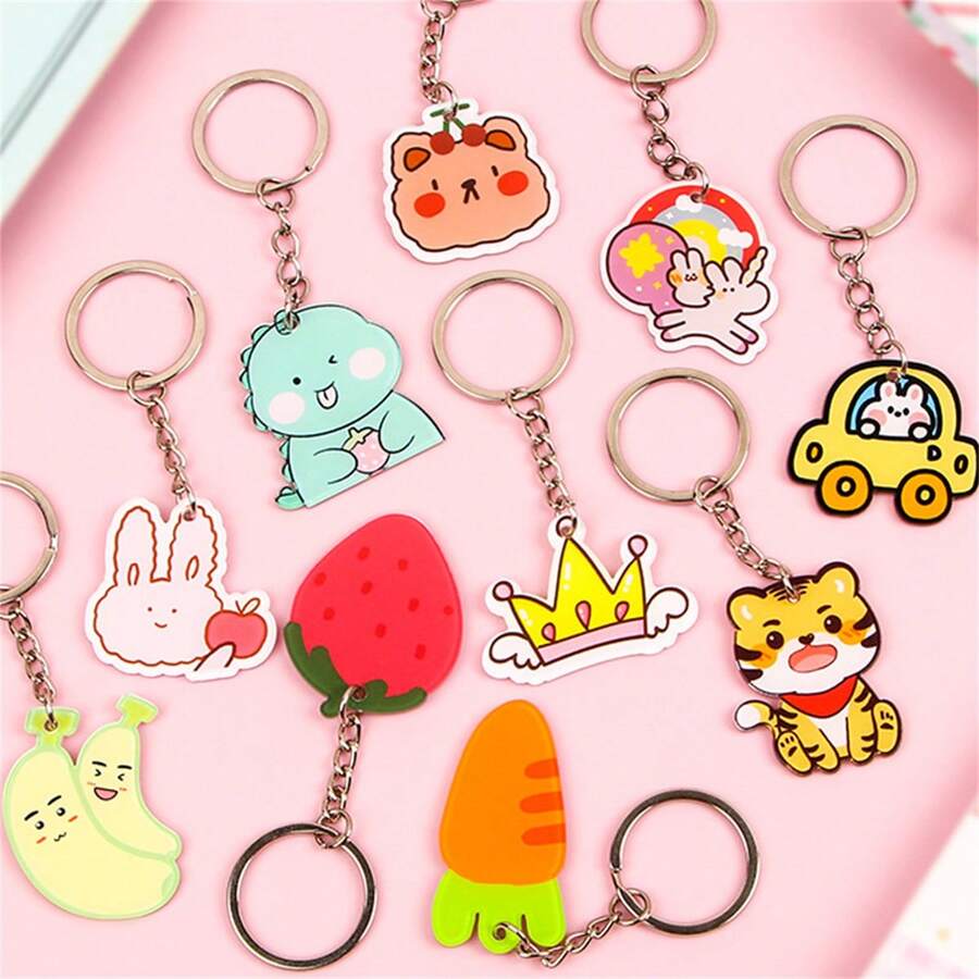 1 套 10 件卡通鑰匙扣,創意亞克力可愛包裝飾吊墜鑰匙圈學生禮物 - 彩色 - 查看 1