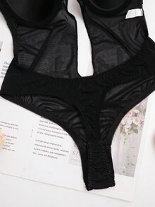 大碼時尚塑身連體衣,帶文胸和胸墊,性感內衣 - 黑色 - 查看 4
