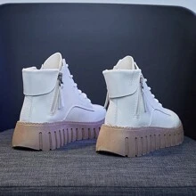 Women's Wedge Heel Thick Sole Sport Shoes, Fashionable Lace-up, Side Zip Boots, Beige - Beige - View 2