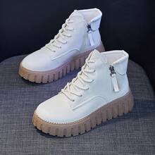 Women's Wedge Heel Thick Sole Sport Shoes, Fashionable Lace-up, Side Zip Boots, Beige - Beige - View 1