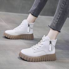 Women's Wedge Heel Thick Sole Sport Shoes, Fashionable Lace-up, Side Zip Boots, Beige - Beige - View 5