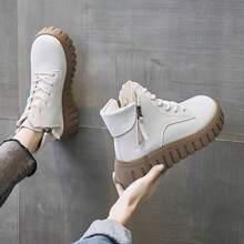 Women's Wedge Heel Thick Sole Sport Shoes, Fashionable Lace-up, Side Zip Boots, Beige - Beige - View 3