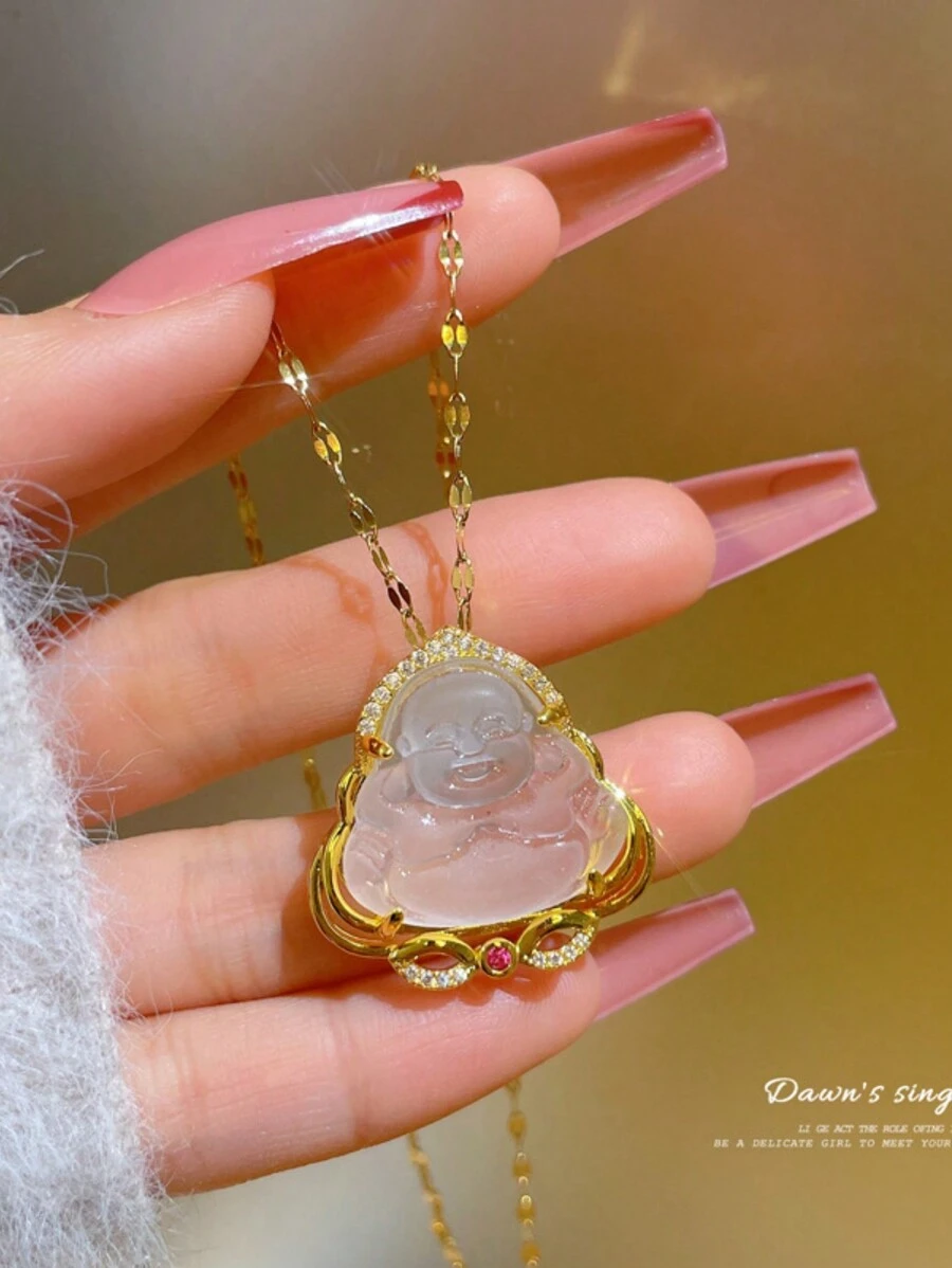 2024年新品[鈦金屬]幸運翡翠佛吊墜及鋯石裝飾項鍊,適用於女士,緊身繞頸項鍊 - 白色 - 查看 1