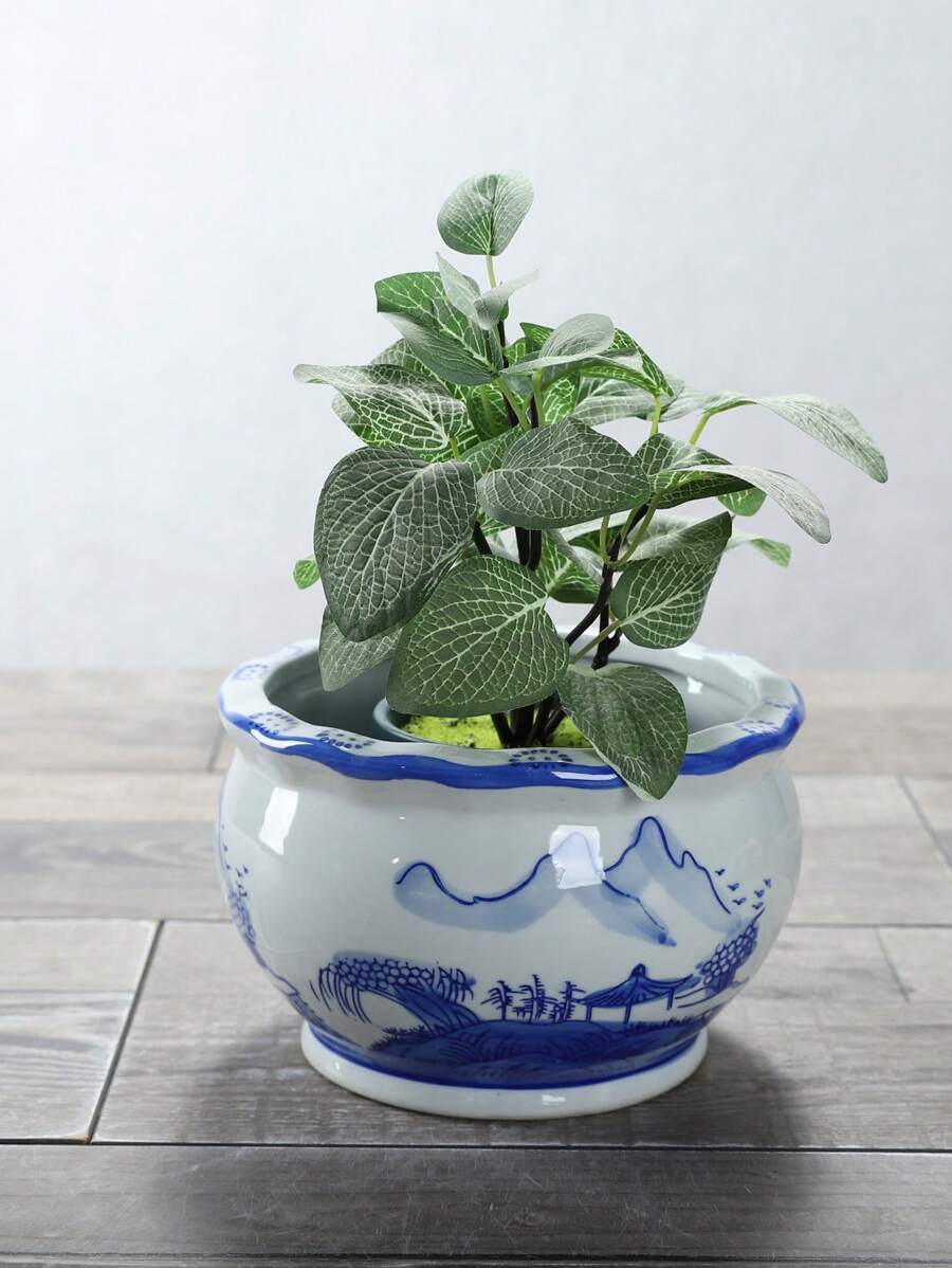 1pc Antique Chinese Style Blue And White Porcelain Ceramic Flower Pot Set For Large Succulents - White - View 1