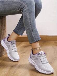 女士一腳蹬飛織跑步鞋防滑步行鞋輕便健身房鍛煉鞋透氣時尚運動鞋 - 灰色 - 查看 2