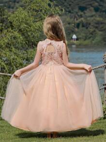 Vestido formal sin mangas de niña preadolescente con contraste de encaje champán y malla, para boda/niña de las flores