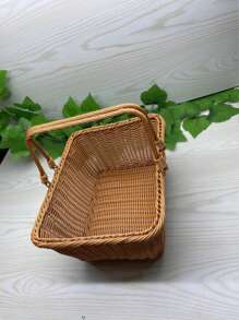 1入組戶外手工編織柳條籃子,塑膠編織野餐籃子適用於鄉村水果和蔬菜系列,收納適合旅行 - 卡其色 - 查看 4