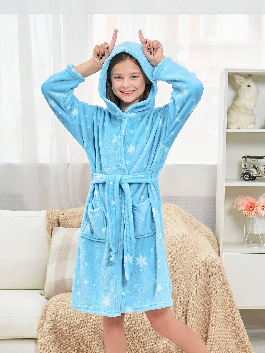 Young Girls' Blue Bathrobe With Snowflake And Star Print - Multicolor - View 1