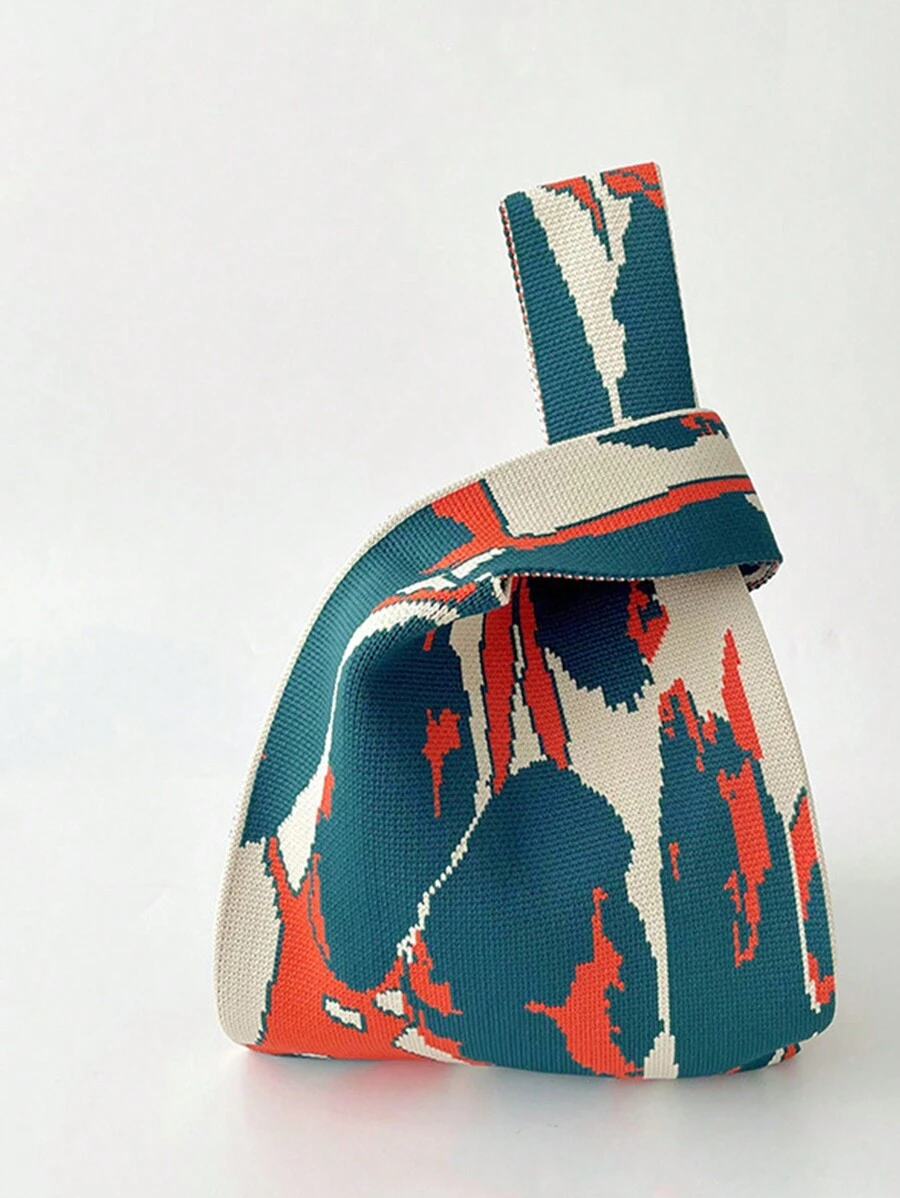 1个撞色涂鸦水彩镂空针织可折叠轻便手提包/化妆包/书包，适合日常、度假、上学、通勤、购物、摄影、旅行、露营等各种场合，四季皆宜，是送给妈妈的绝佳母亲节礼物 - 墨綠色 - 查看 1