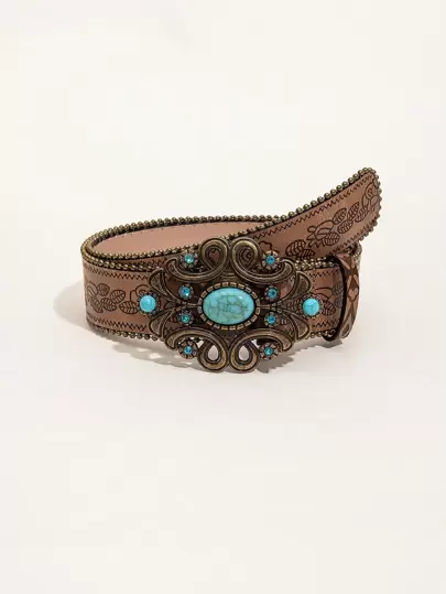 Boho 1pc Western Style Vintage Brown Pattern Pu Leather Belt With Beads Halloween Summer, School Fall, Autumn, Halloween