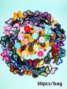 30 种款式的蝴蝶和花朵图案刺绣补丁，可爱卡通熨烫、缝制贴花，适用于衣服、包包、帽子等。 - 彩色 - 查看 2