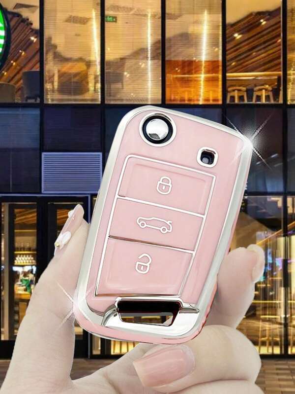 Car Key Cover In Pink And Silver, Prevent From Falling, Suitable For Key Case Of Passat, Tiguan L, Lamando, Bora Plus, Polo, Golf 7, Lingdu, Tuyue, Touareg, T-roc, Tiguan, Tharu, Sagitar, Lamando-gts, Teramont, Atlas, Teramont X, Tayron