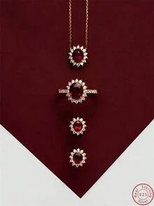 Đỏ  Quả lựu Có màu sắc Zirconia Dát Dây chuyền , Nhẫn Và Bộ bông tai Với Hộp Quà , Đúng mốt Phong cách Vintage Đối với Ngày đêm , Lễ hội , Lễ cưới , Du lịch , Mặc hàng ngày , Thích hợp Dành cho Cô gái , bờ biển , Văn phòng , Và Như Món quà Đối với Bạn gái , Mẹ , Giáo viên , Bạn , - Dây chuyền + nhẫn + đôi bông tai - Xem 2