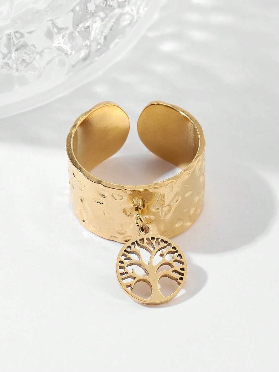 1pc Fashionable Titanium Steel Open Ring With Lucky Tree Design For Party - Yellow Gold - View 1