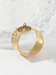 1pc Fashionable Titanium Steel Open Ring With Lucky Tree Design For Party - Yellow Gold - View 4