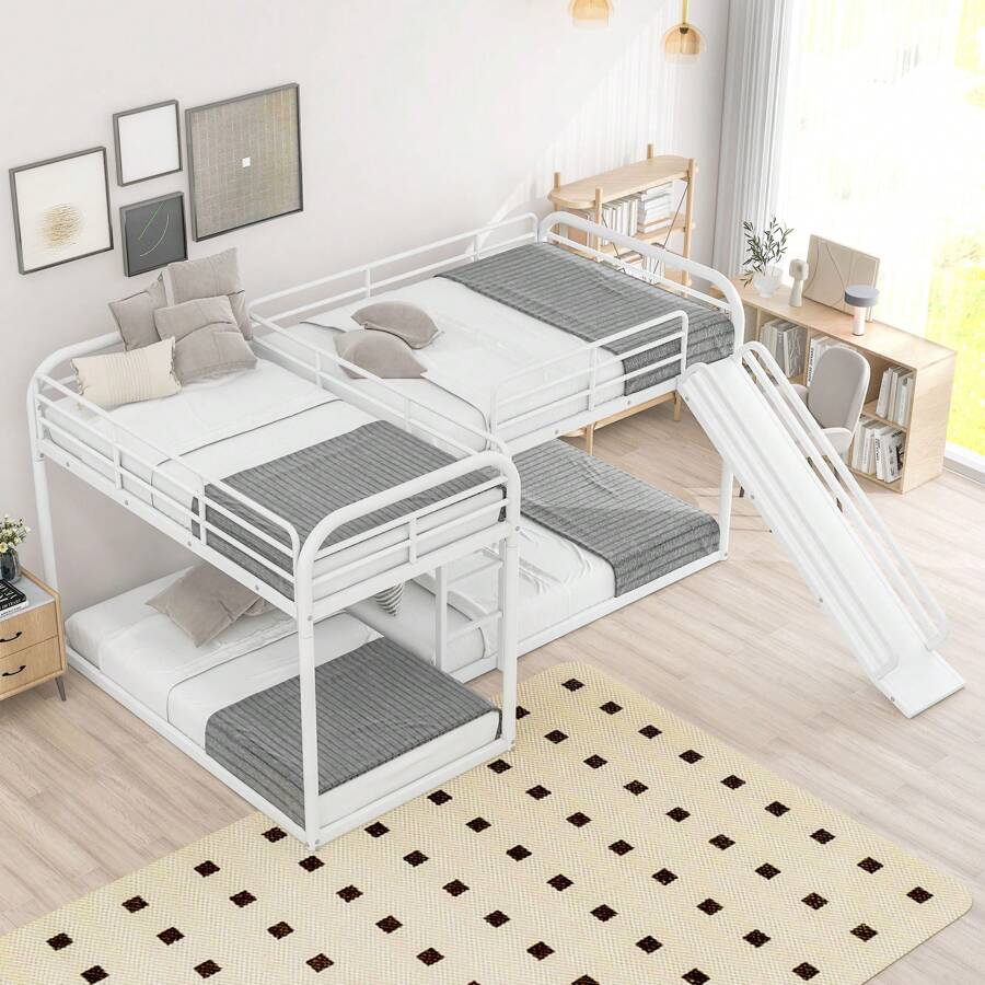 Nestfair 4 Beds in 1 L-Shaped Bunk Bed with Slide and Ladder