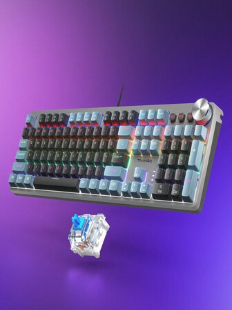  Taiahiro 機械遊戲鍵盤,104 鍵彩虹 Led 背光電腦鍵盤,點擊藍色開關,防重影鍵,多媒體旋鈕和按鍵,發光有線鍵盤,相容於 Pc 筆記型電腦,黑色和灰色