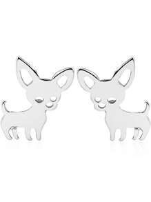 1對銀色可愛的吉娃娃形不鏽鋼耳針,適合女孩們,寵物狗動物造型耳環,日常穿戴 - 銀色 - 查看 5
