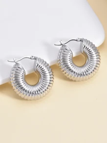 1pair Stainless Steel Exaggerated & Minimalist Thread Hollow Out Silver Hoop Earrings - Silver - View 3