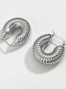 1pair Stainless Steel Exaggerated & Minimalist Thread Hollow Out Silver Hoop Earrings - Silver - View 1