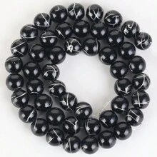 1 串 6/8/10/12 毫米黑金色线条玛瑙圆形石珠适用于珠宝制作 DIY 手链项链配件 - 黑色 - 查看 3