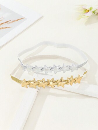 2pcs Shiny Star Headband For Girls, Gold & Silver Elastic Hair Accessories, Photo Props & Gifts