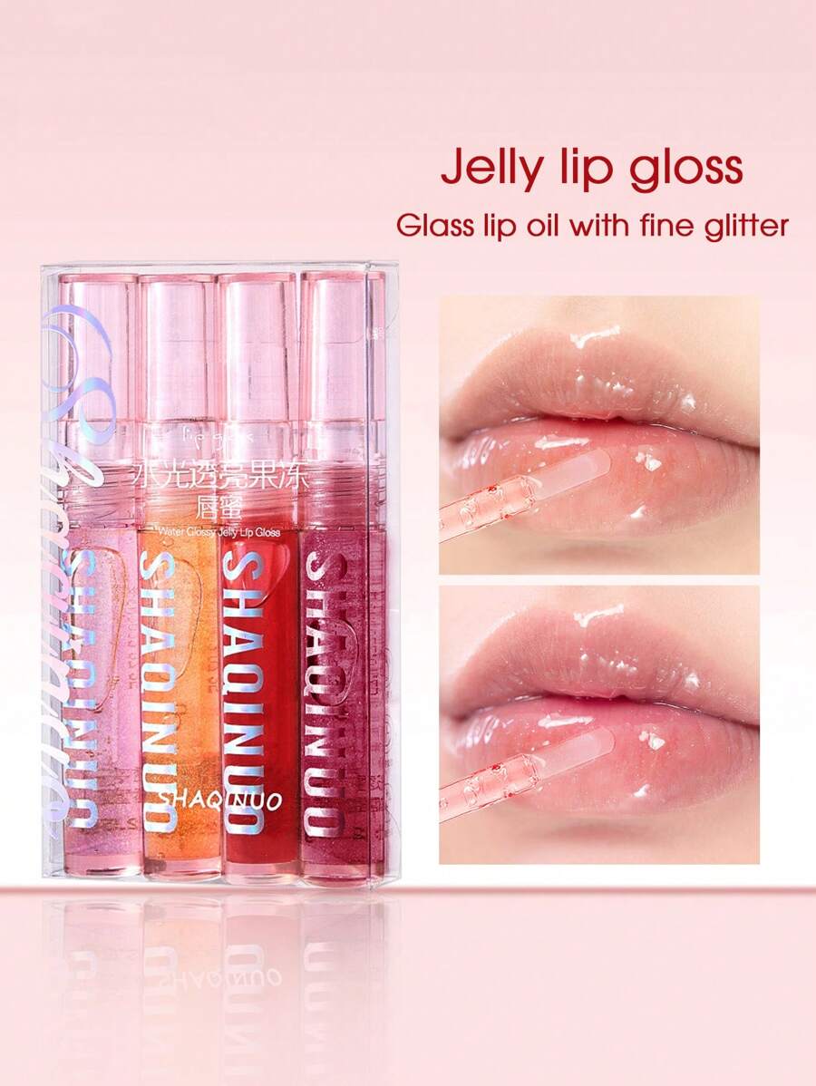 保濕果凍唇彩,4入組玻璃唇油帶精細金屬亮絲唇油保濕唇部輝光 - 彩色 - 查看 1