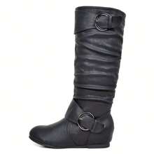 Women's Wide Calf Knee High Boots, Fur-Lined Low Hidden Wedge Boots - màu đen - Xem 4