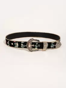 Boho 1pc Asymmetrical Western Style Belt With Random Rose Shaped Buckle For Women, Printed Halloween Summer, School Fall, Autumn, Halloween