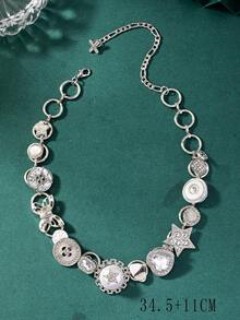 1 Pieza Collar De Declaración De Diseño De Estrellas Blancas Con Botón En Estilo Retro-vintage, Regalo De Cadena De Cuello - Multicolor - Ver 2