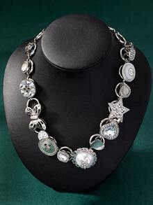 1 Pieza Collar De Declaración De Diseño De Estrellas Blancas Con Botón En Estilo Retro-vintage, Regalo De Cadena De Cuello - Multicolor - Ver 1