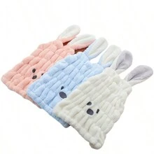 1 pieza Gorro de toalla con orejas de conejo de felpa coral suave y lindo, secado rápido para baño, salón de belleza, hotel, deportes, hogar, cuidado de la piel - Azul - Ver 7