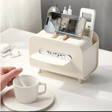 1pc White Nordic Style Desktop Tissue Box With Phone Holder Remote Control Storage Box For Living Room Coffee Table, Modern And Luxury Tissue Dispenser - White - View 2