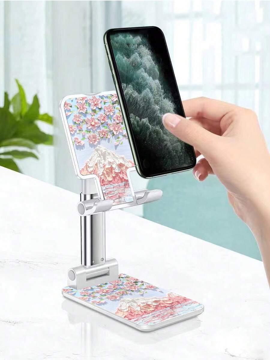 1 soporte plegable retráctil para teléfono, diseño de volcán y sakura, un soporte multifuncional para tableta para personas perezosas - Blanco - Ver 1