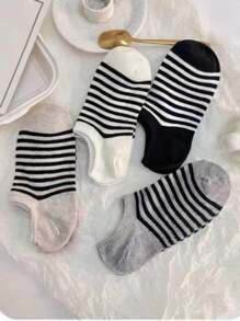 4双/套女士时尚条纹船袜，隐形袜 - 彩色 - 查看 2