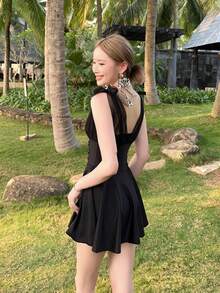 High Waist Sleeveless Mesh Strap One-Piece Swimsuit Summer - Black - View 4