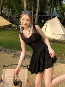 High Waist Sleeveless Mesh Strap One-Piece Swimsuit Summer - Black - View 1