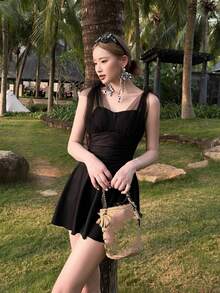 High Waist Sleeveless Mesh Strap One-Piece Swimsuit Summer - Black - View 3