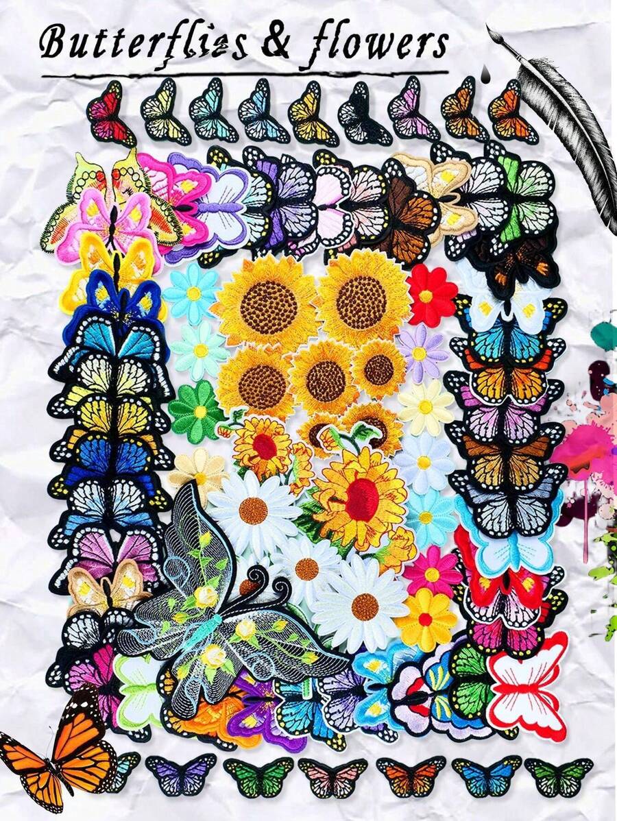 30 种款式的蝴蝶和花朵图案刺绣补丁，可爱卡通熨烫、缝制贴花，适用于衣服、包包、帽子等。 - 彩色 - 查看 1