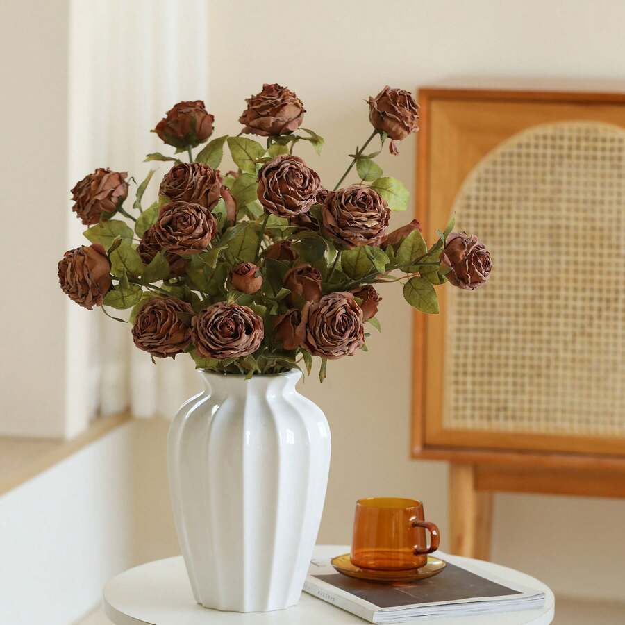 1 件復古風格燒邊人造玫瑰家居客廳婚禮裝飾玫瑰花束,假乾燥玫瑰餐桌中心裝飾品