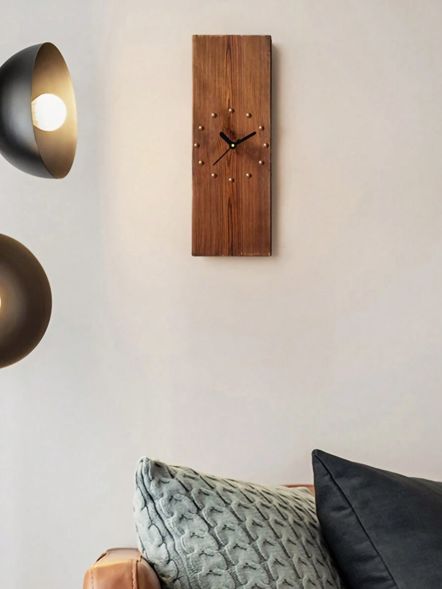 1pc Vintage Rectangular Wooden Wall Clock, American Style Retro Decor Clock In Minimalist Art, Mute Clock For Living Room Without Drilling - Redwood - View 1