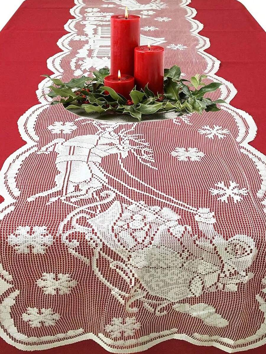 1 件蕾絲聖誕聖誕老人馴鹿雪花桌布和白色聖誕桌旗,適合冬季假期餐廳 - 白色 - 查看 1