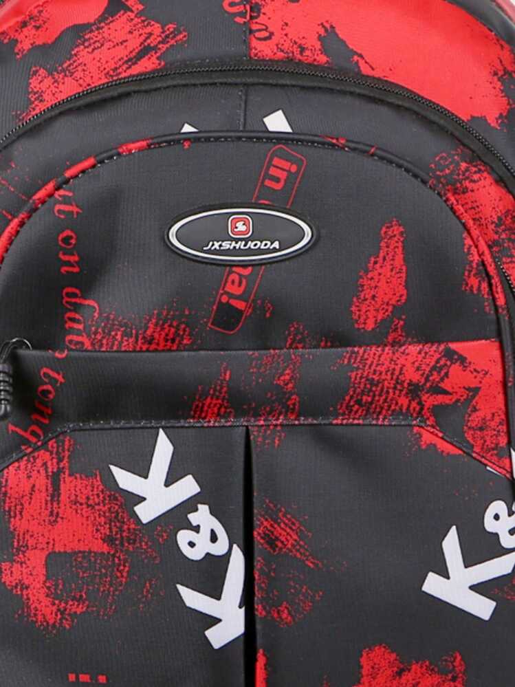 Red Alphabet Patchwork Large Capacity Multifunctional Zipper Fashionable Water-resistant Backpack With Multiple Pockets, Casual Durable Schoolbag For Students - Red - View 4