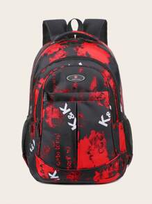 Red Alphabet Patchwork Large Capacity Multifunctional Zipper Fashionable Water-resistant Backpack With Multiple Pockets, Casual Durable Schoolbag For Students - Red - View 2
